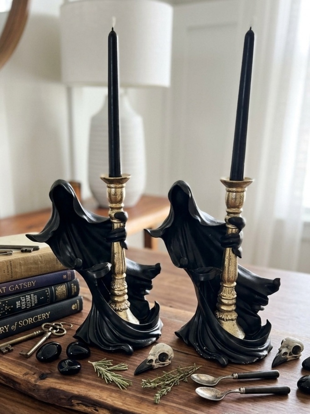 Halloween Hooded Ghost Grim Reaper Taper Candle Holders Black Gold Set of 2 NEW
